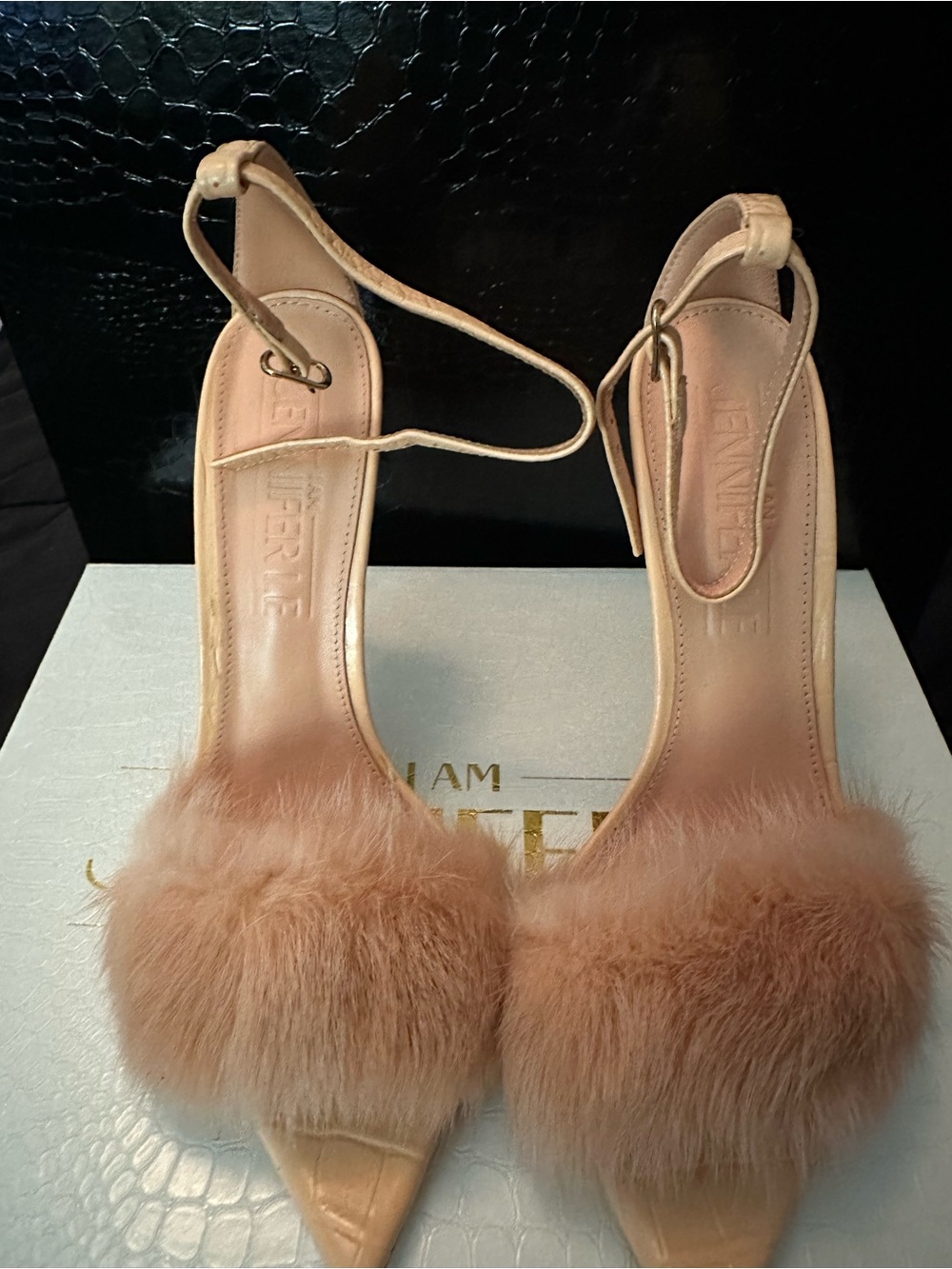 Jennifer Le Peach Fur and Croc Sandals